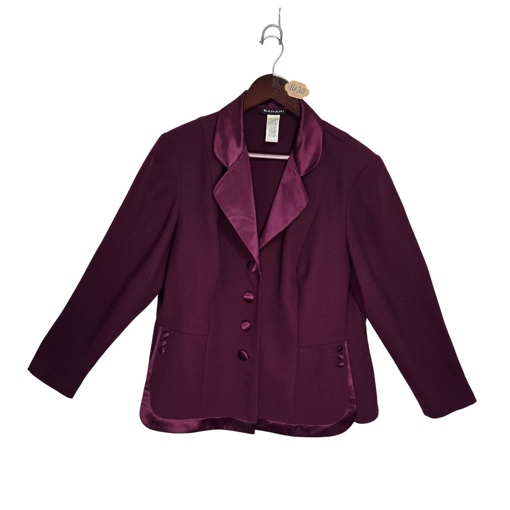 Bahari Women Plum Purple 2 Piece Skirt Suit Set Satin Trim Blazer Size 16W 93658